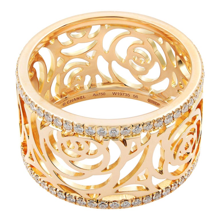 Chanel Camelia Ajoure 18 Karat Rose Gold and Diamonds Wide Band Ring at  1stDibs