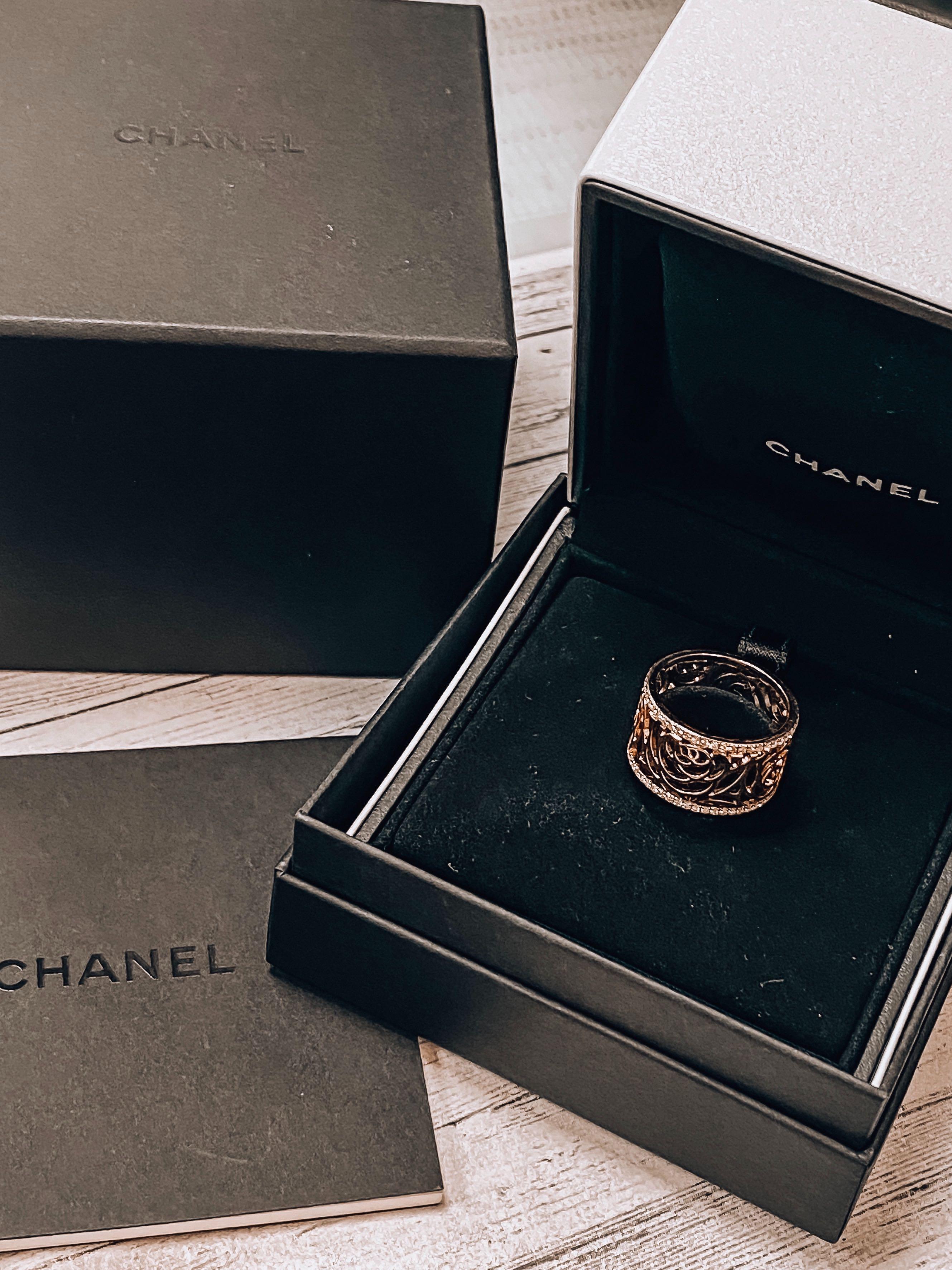 Modern Chanel Camelia Ajoure 18 Karat Rose Gold and Diamonds Wide Band Ring