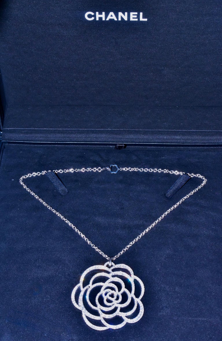 Chanel Camelia Ajoure Large Diamond Pendant, French. For Sale 1