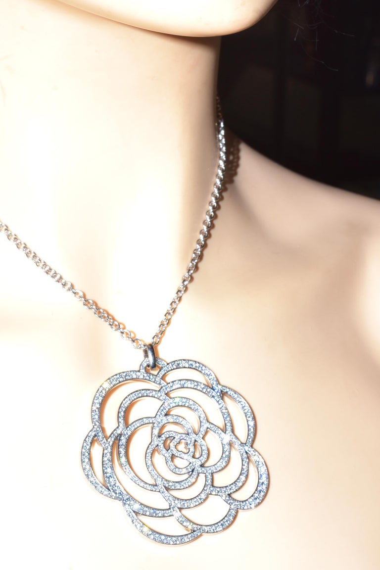 Chanel Camelia Ajoure Large Diamond Pendant, French. For Sale 2