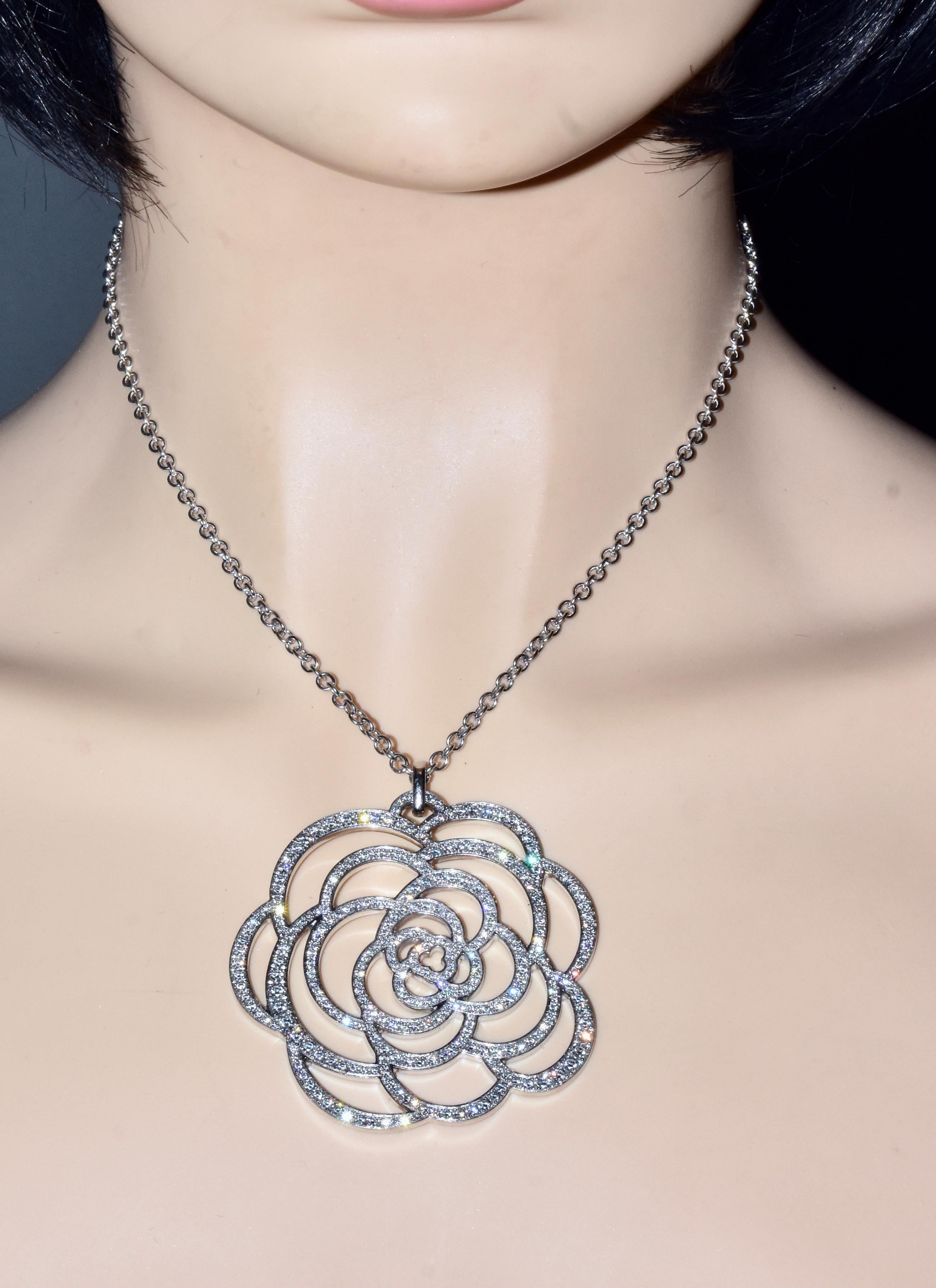 Women's or Men's Chanel Camelia Ajoure Large Diamond Pendant, French.