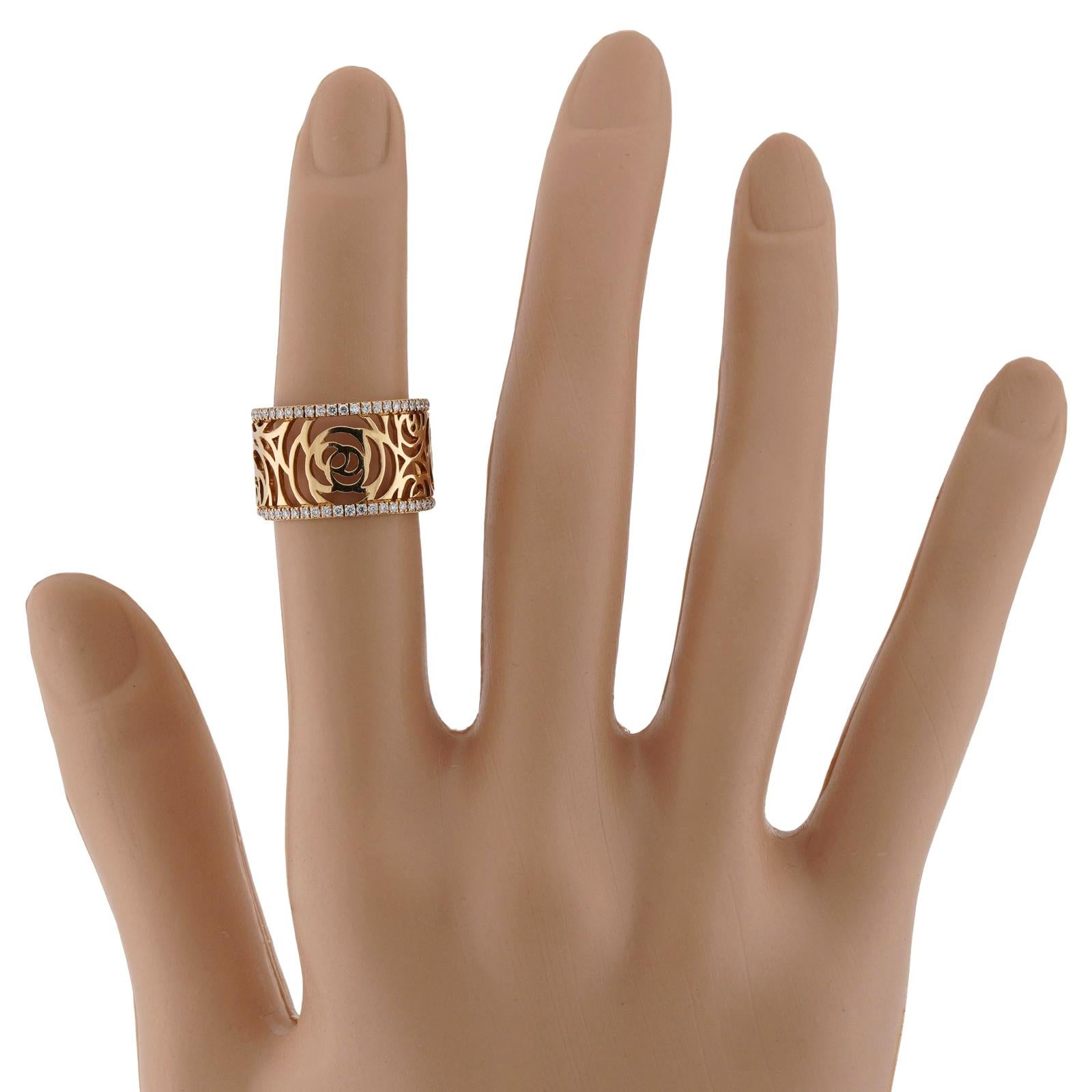 CHANEL Camelia Ajoure Rose Diamond Yellow Gold Band Ring In Excellent Condition For Sale In New York, NY