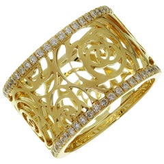 Chanel Camelia Ajoure Rose Diamond Yellow Gold Band Ring