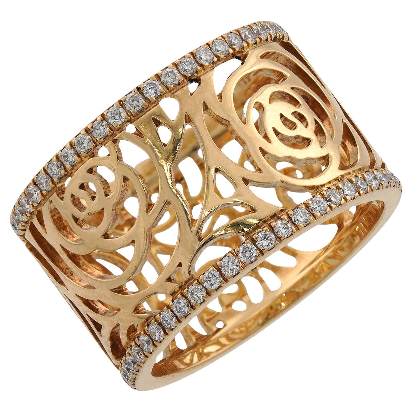 CHANEL Camelia Ajoure Rose Diamond Yellow Gold Band Ring