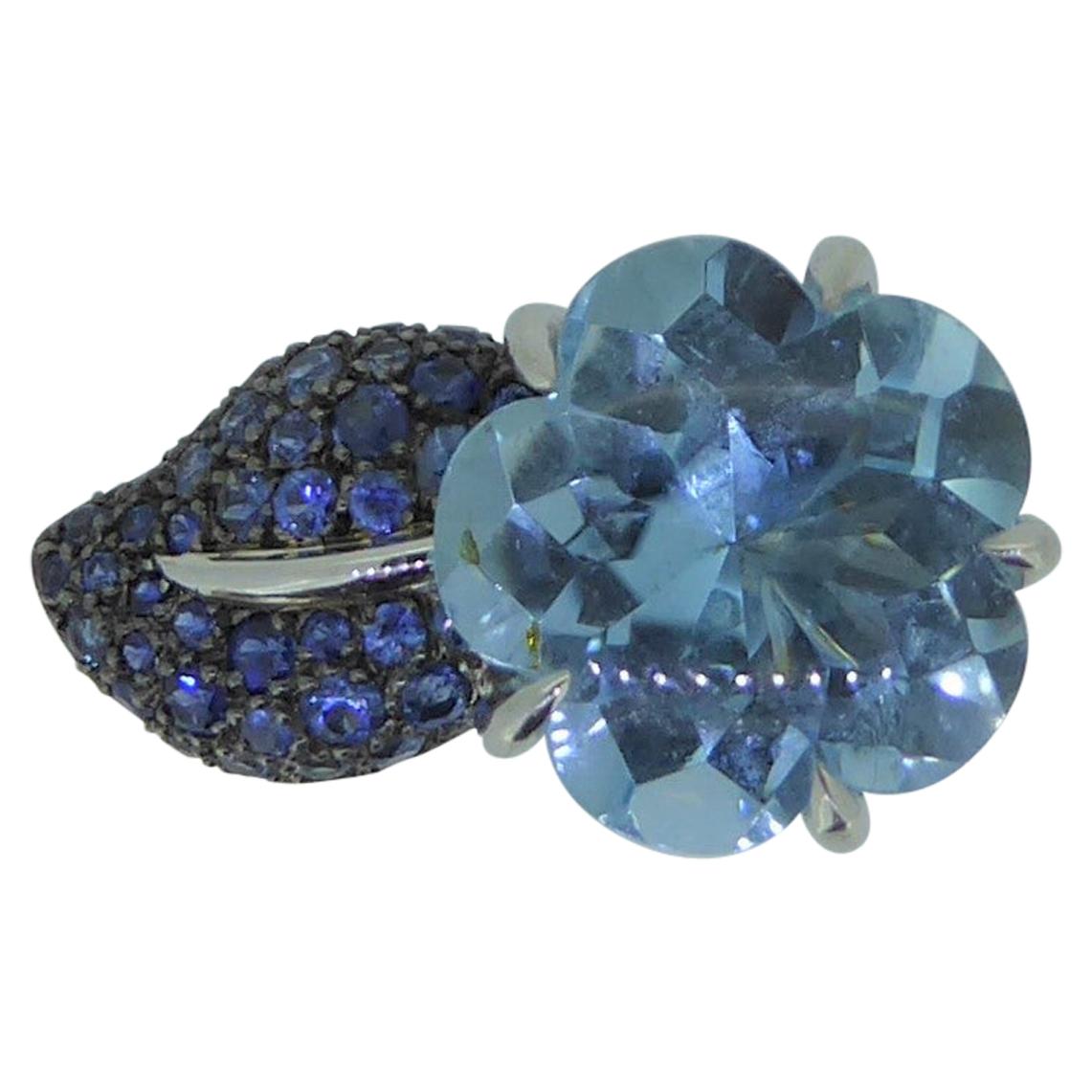 Chanel Camelia Aquamarine and Sapphire Flower 18 Karat White Gold Ring