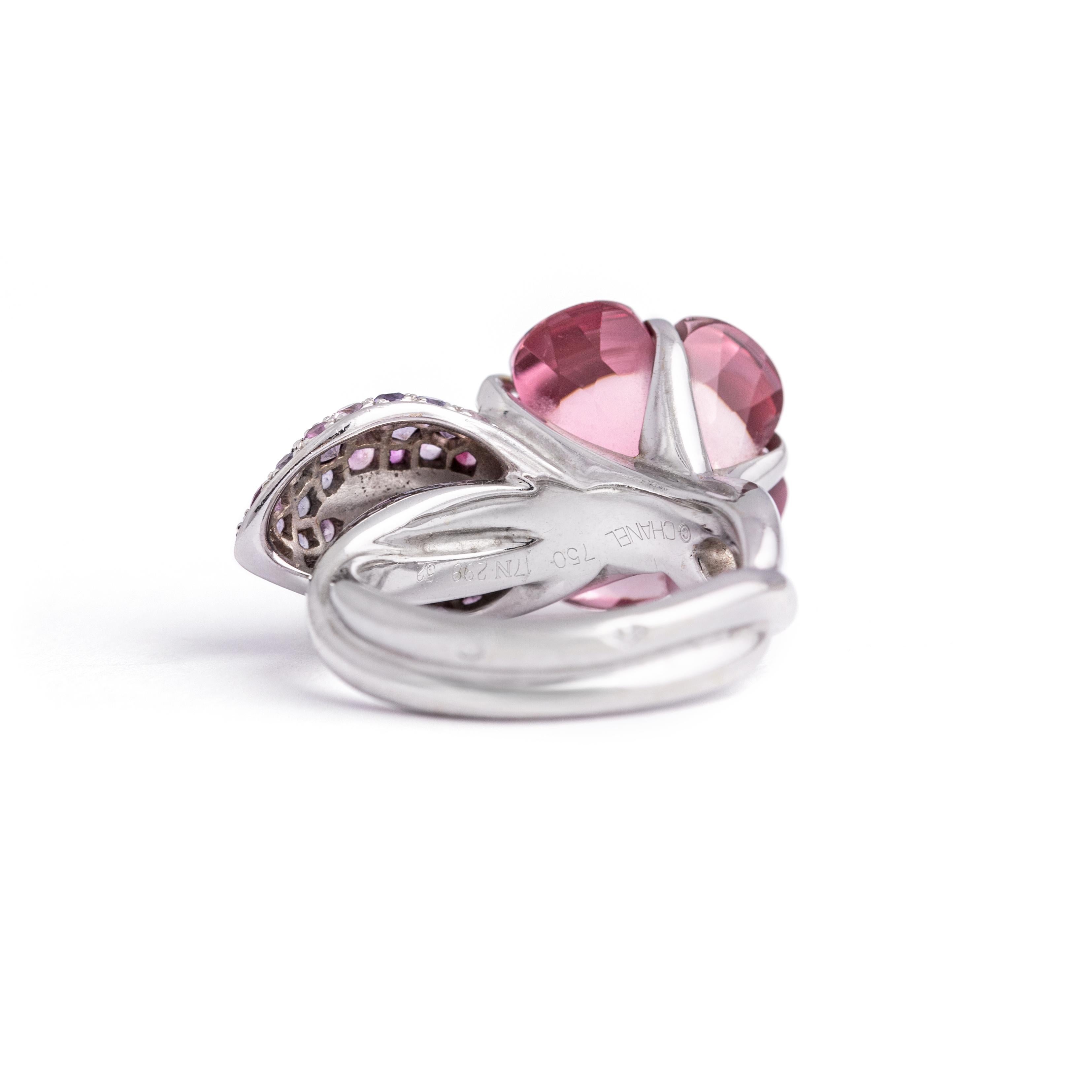 Round Cut Chanel Camelia Aquatiques Tourmaline Pink Violet Sapphire Gold Ring For Sale