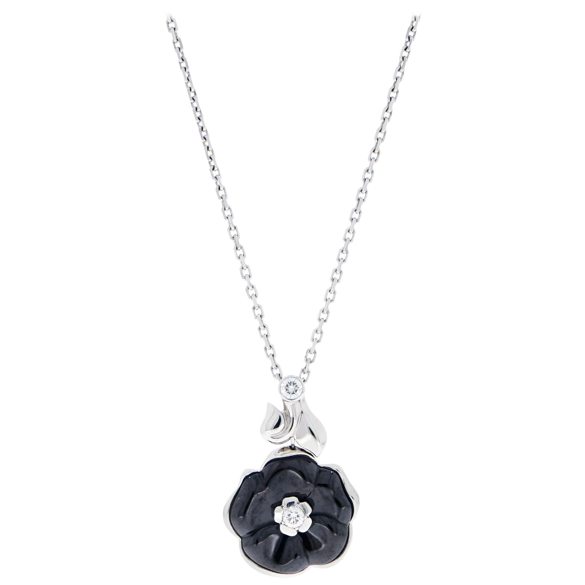 Chanel Camelia Black Onyx and Diamond White Gold Pendant