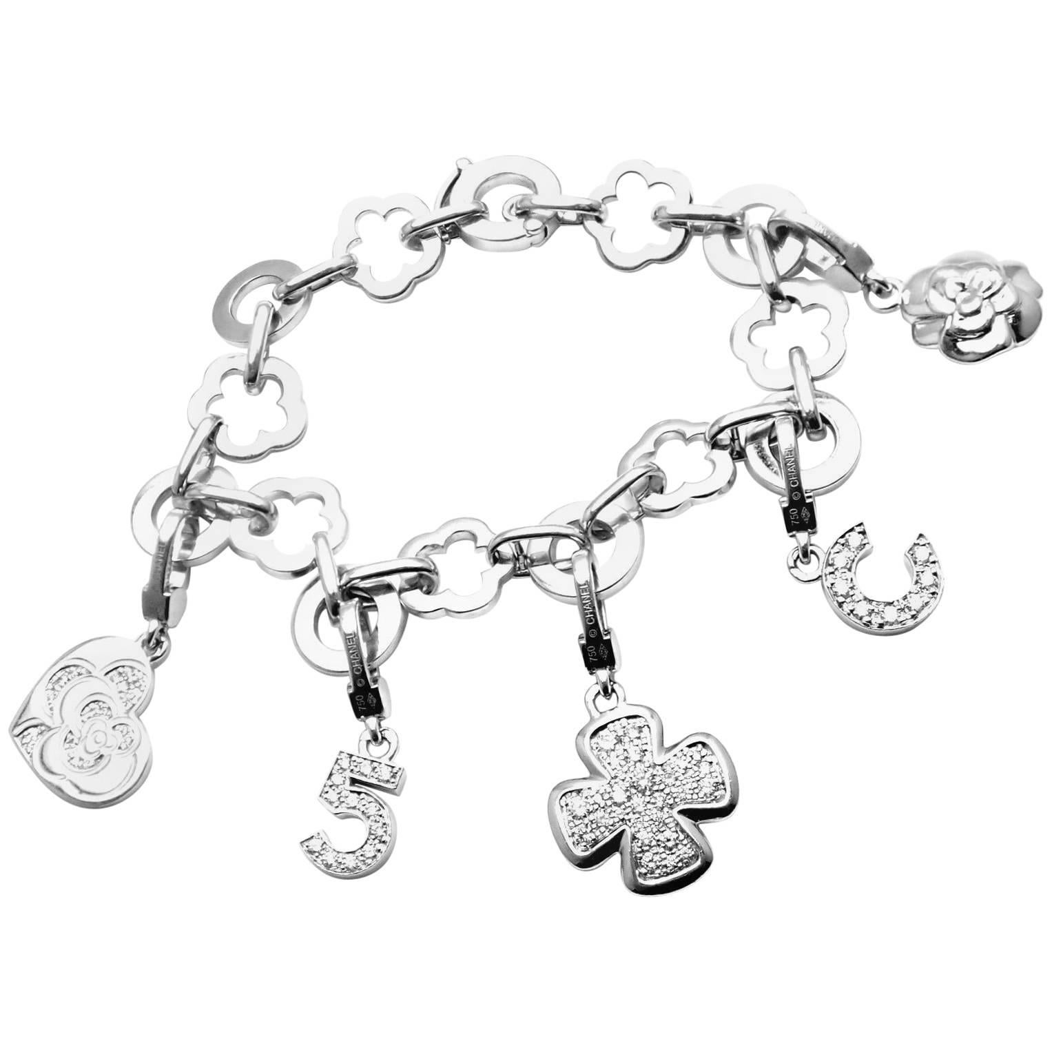 Chanel Camelia Camélia Five Diamond Charm White Gold Link Bracelet