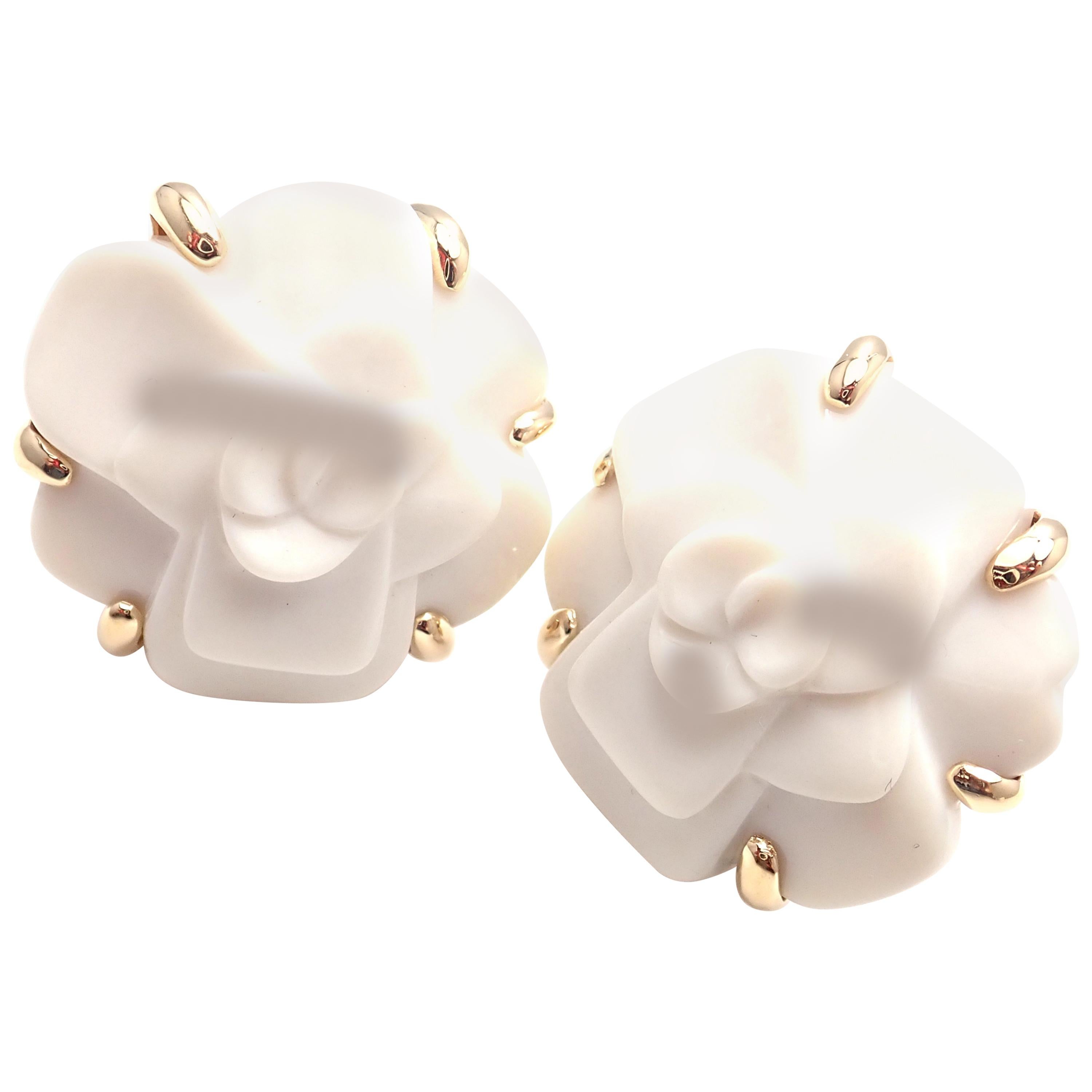 Chanel Camelia Camellia Flower White Agate Yellow Gold Earrings