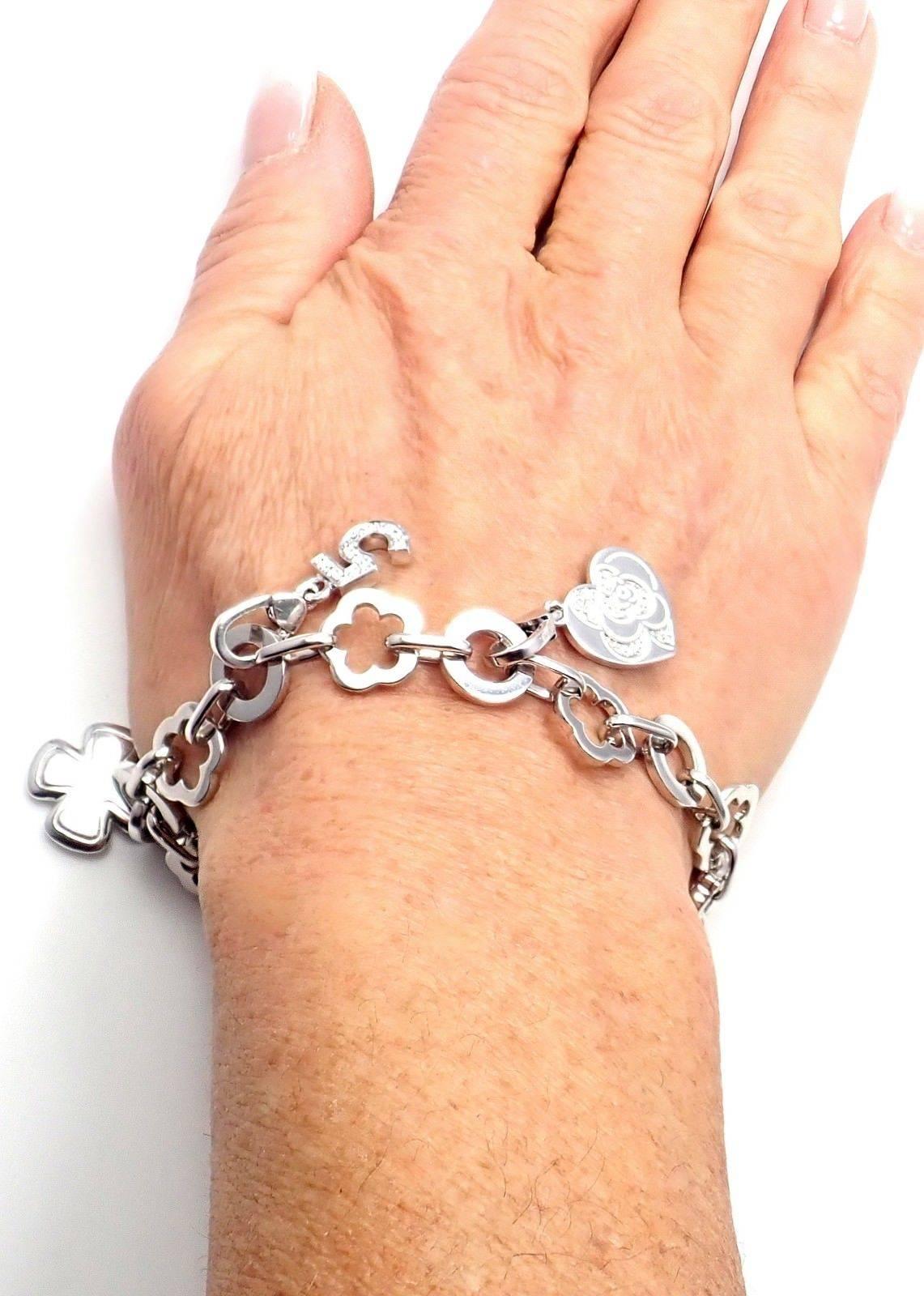 Chanel Camelia Camélia Five Diamond Charm White Gold Link Bracelet 3