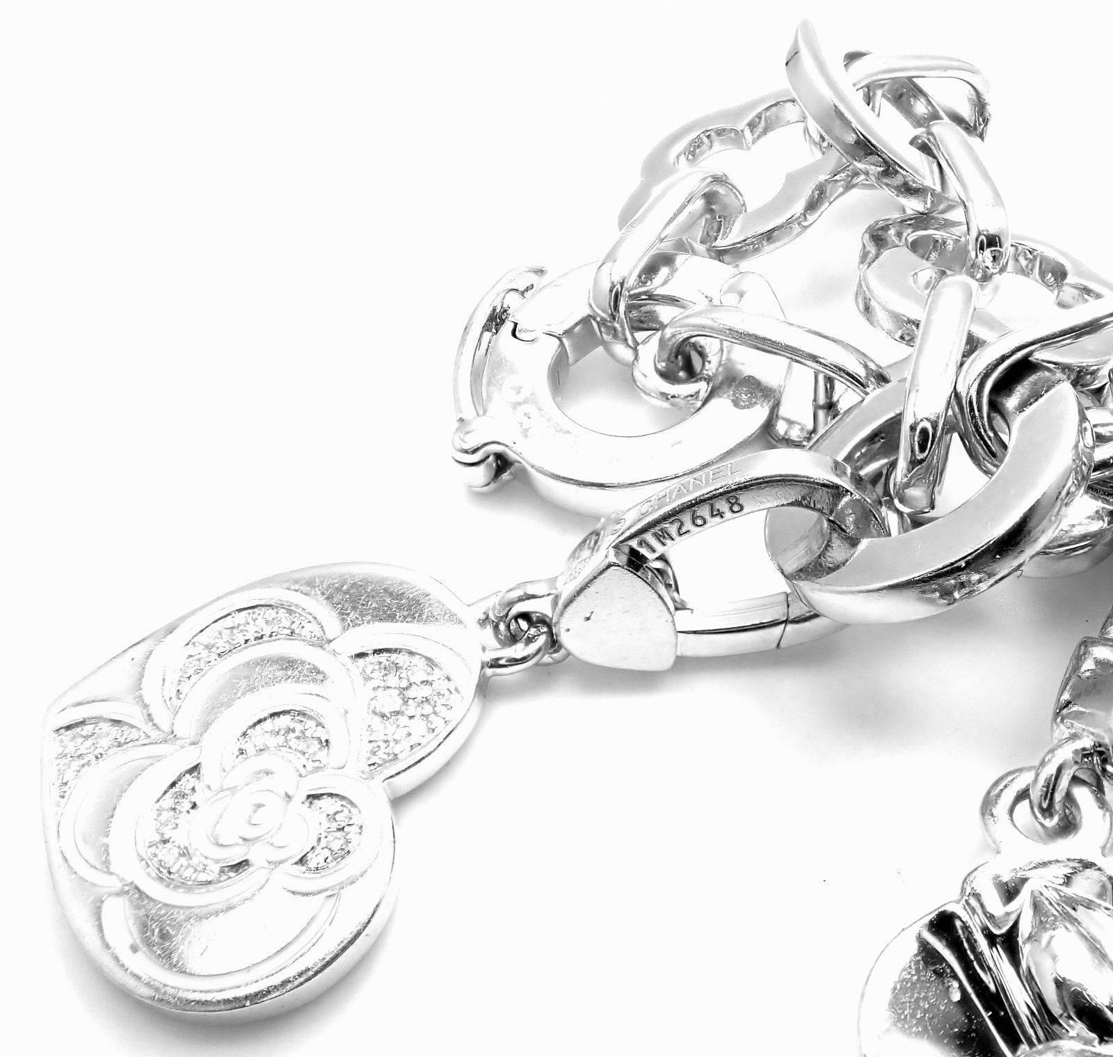 Chanel Camelia Camélia Five Diamond Charm White Gold Link Bracelet In New Condition In Southampton, PA