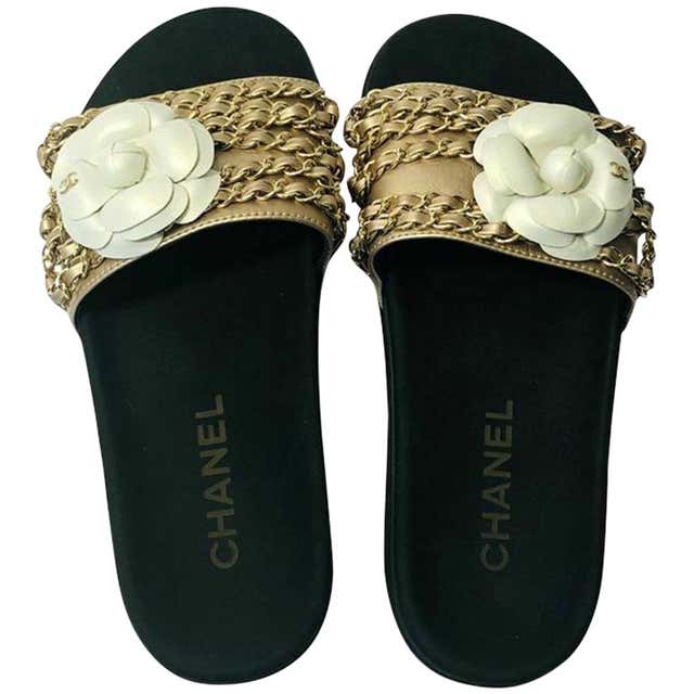Chanel Camelia Chain Slides Sandals - Gold Leather with Chain detail ...