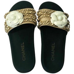 Chanel Camelia Chain Slides Sandals - Gold Leather with Chain detail