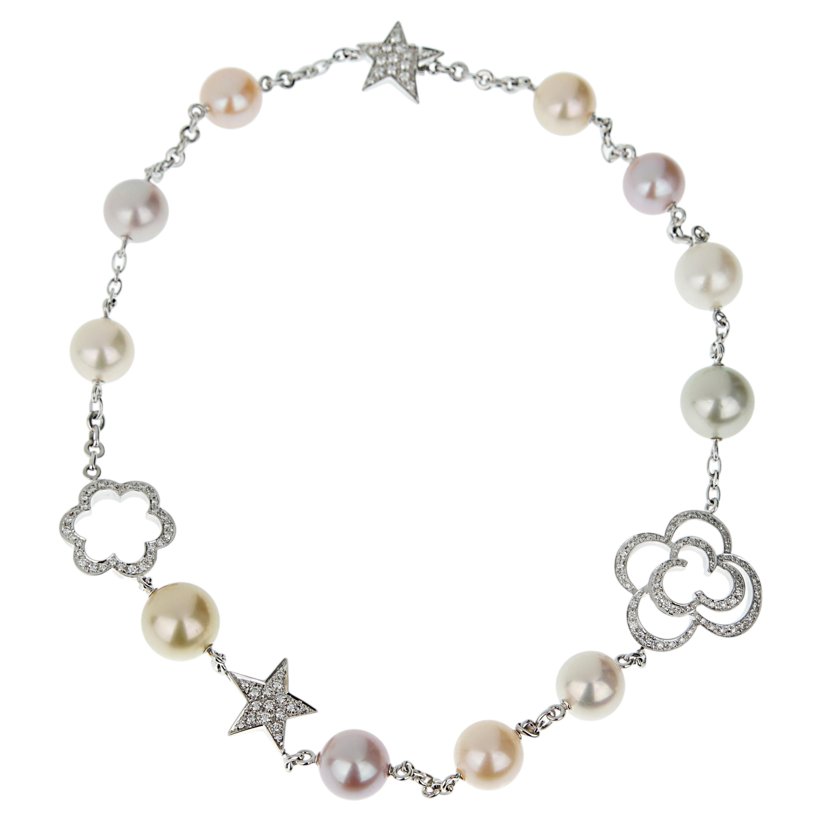 Chanel Collier Camelia & Comete Motif Perles Diamants Or Blanc 18k