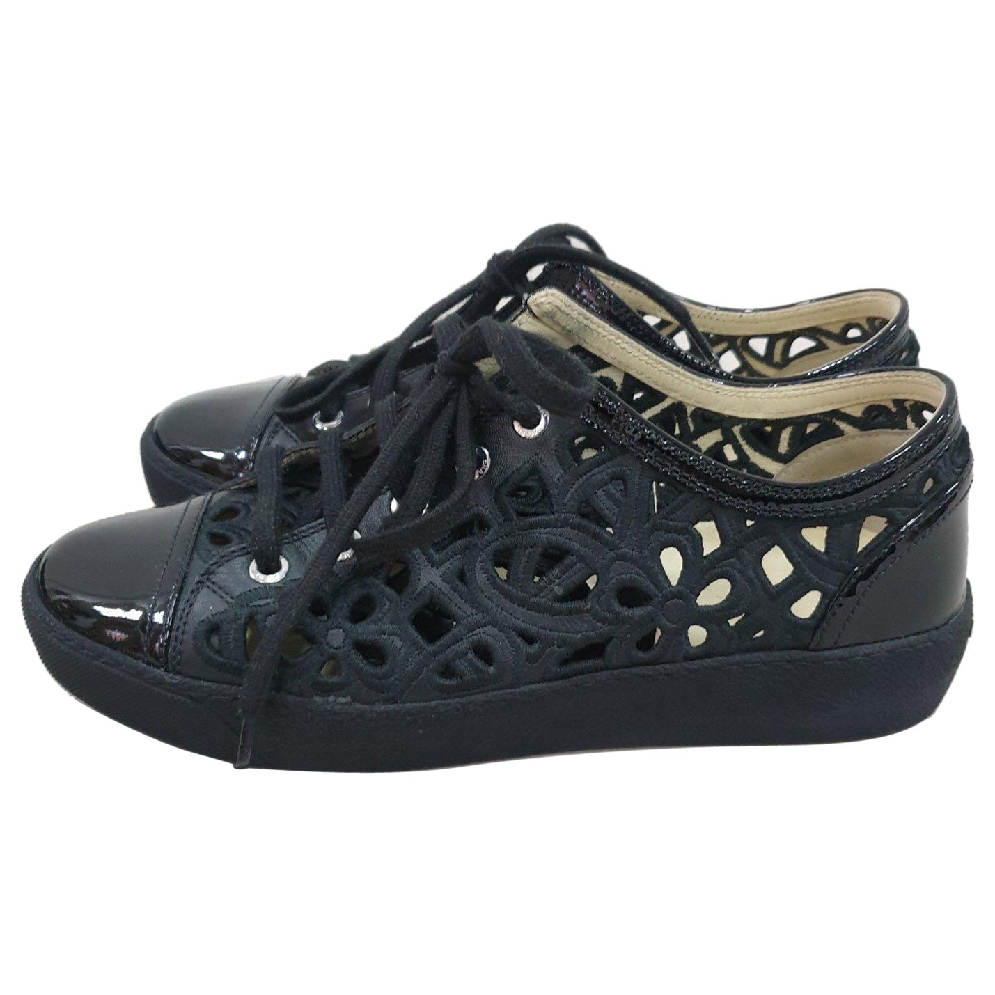 Chanel Camelia Cut Black Patent Leather Trainers Sneakers