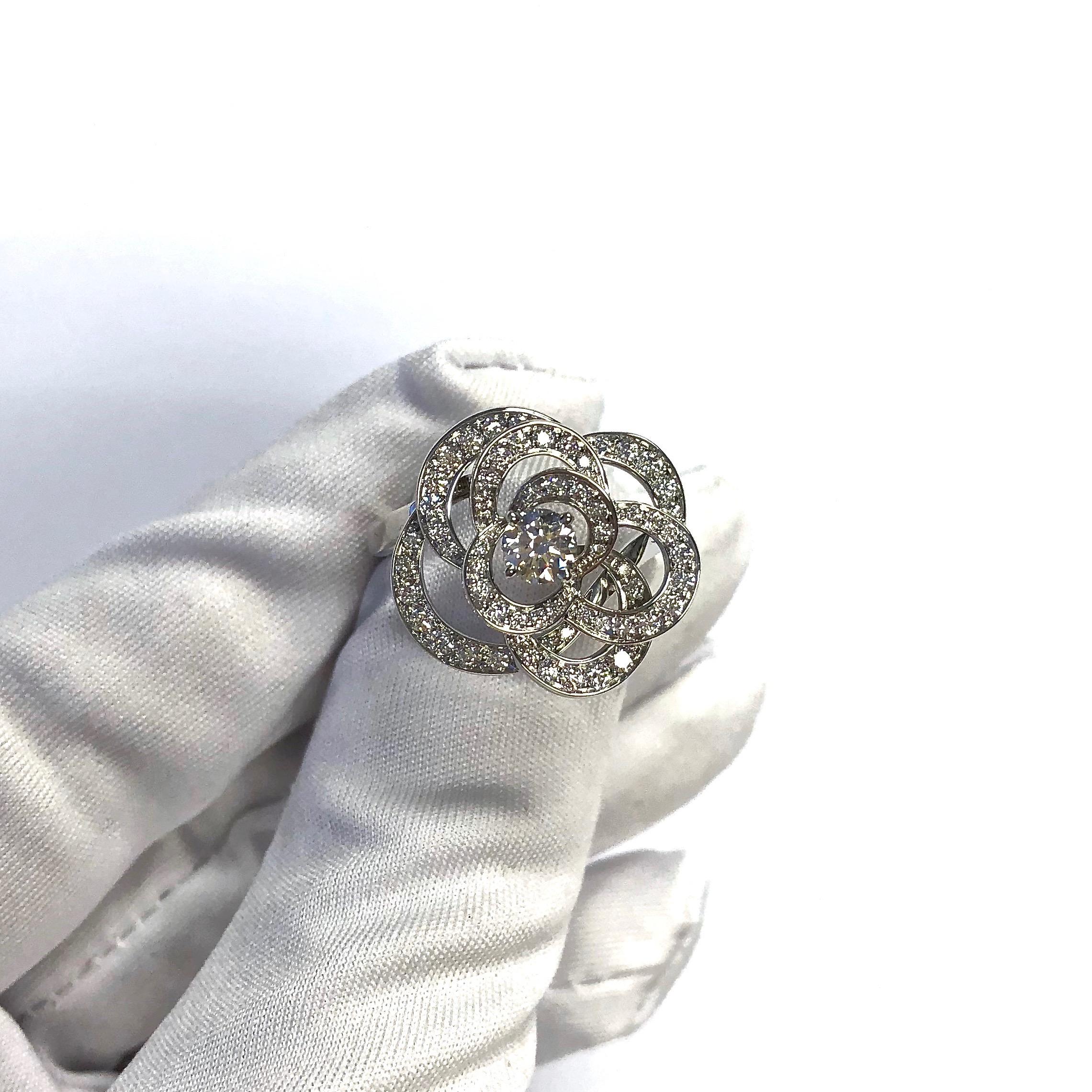 Women's or Men's Chanel Camelia Diamond White Gold Flower Ring For Sale