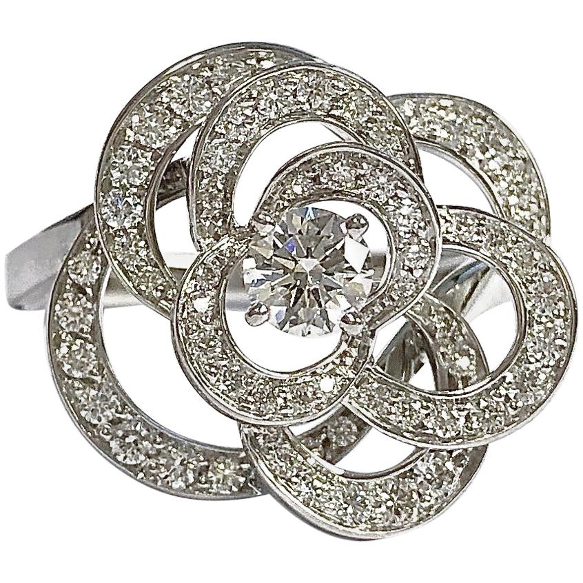 Chanel Camelia Diamond White Gold Flower Ring For Sale