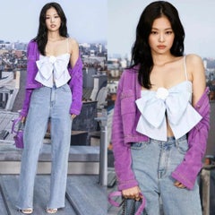 Chanel Camelia Flower Pin Bow Strap Corset Top Size FR 40 White CC Logo Cotton