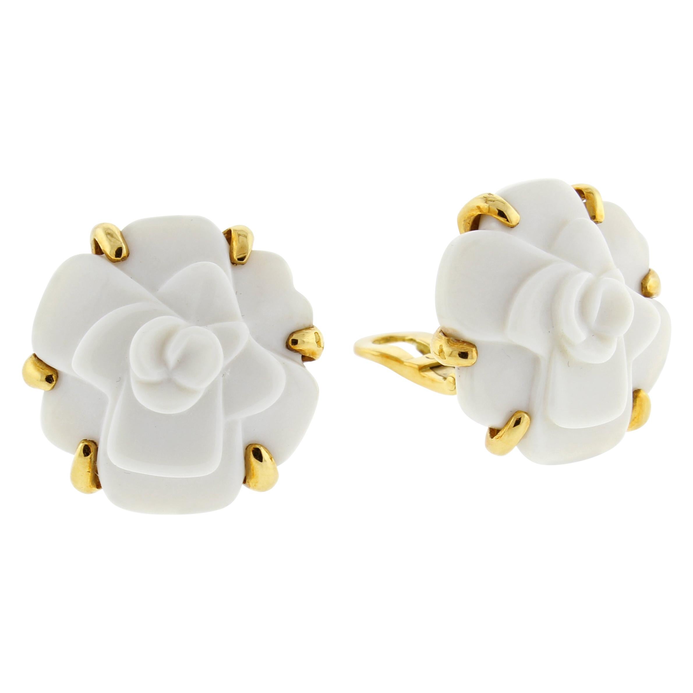 Chanel Camelia Camellia Flower White Agate Yellow Gold Earrings