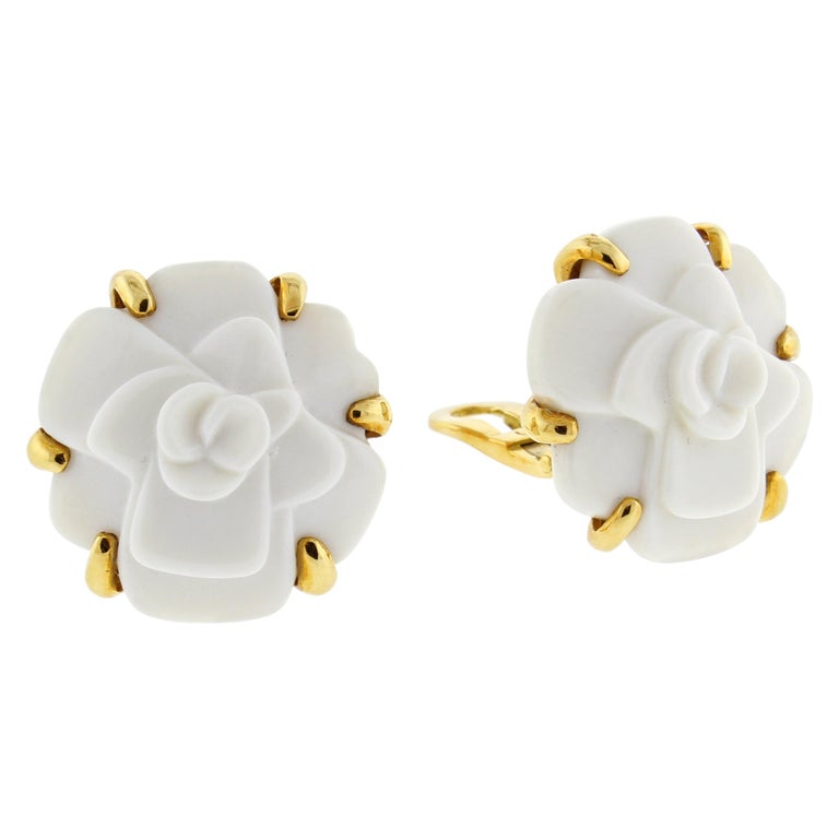 Chanel Camelia Flower White Agate Yellow Gold Earrings at 1stDibs