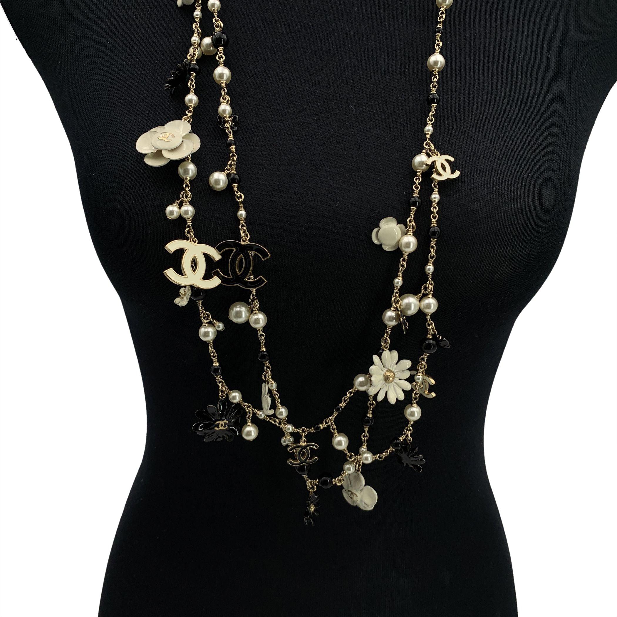 Women's Chanel Camelia Flowers and CC Logos Long Multi Strand Necklace
