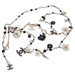 Chanel Camelia Flowers and CC Logos Long Multi Strand Necklace