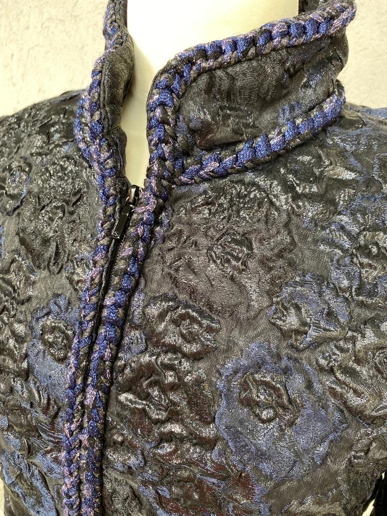 CHANEL Cotton denim Camellia print front button long coat Jacket P74515 Indigo 36