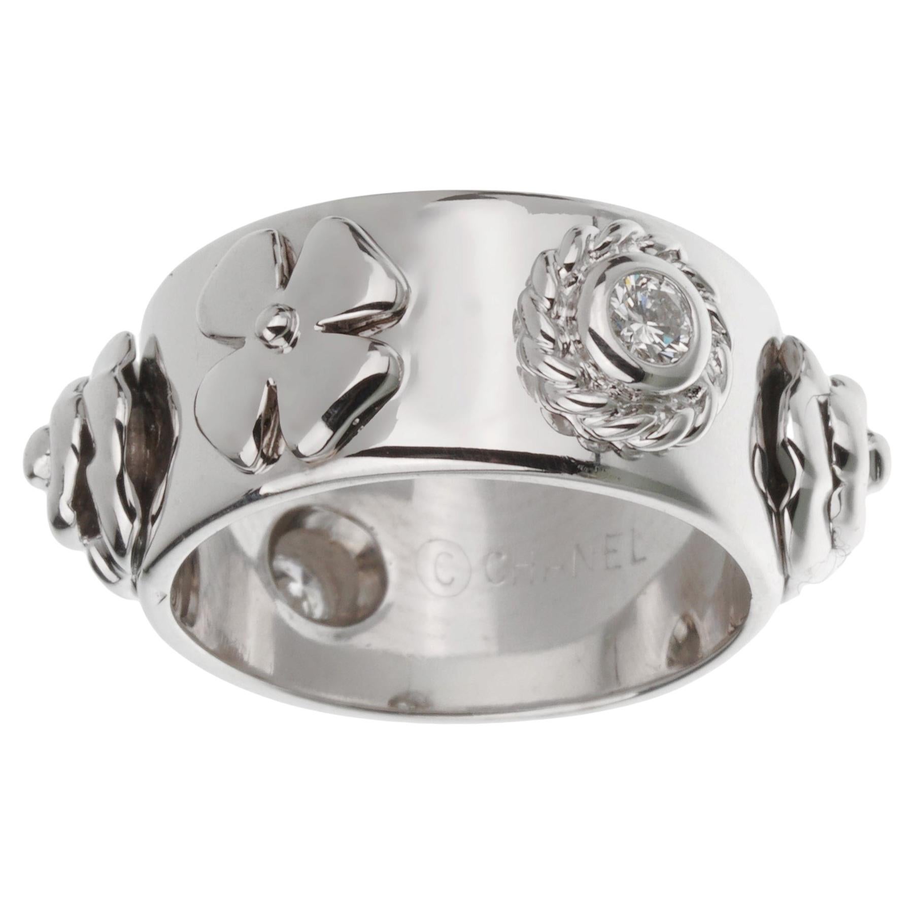 Chanel Camelia Lucky Charm 18k White Gold Diamond Band Ring For Sale