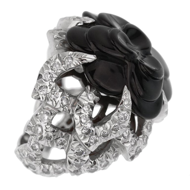 Chanel Camelia Onyx Diamond White Gold Ring at 1stDibs | white gold rings