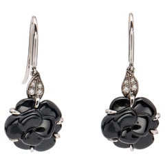 Chanel Camelia Sculpte Onyx Diamond 18k White Gold Earrings