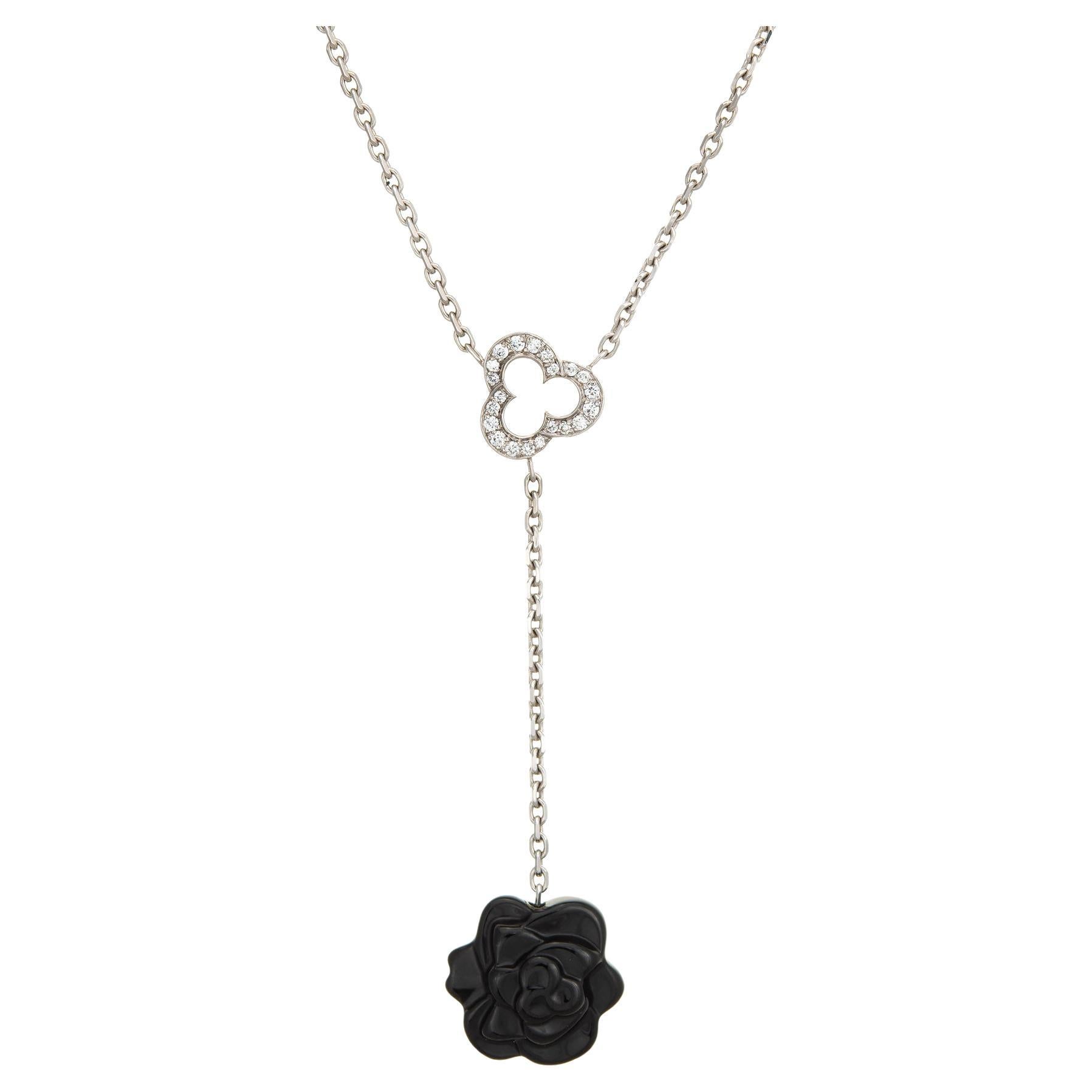 Chanel Camelia Sculpte Pendant Necklace 18k White Gold Diamond Onyx Estate For Sale