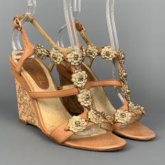 CHANEL Camelia Size 6.5 Tan & Gold Leather T-strap Cork Wedge Sandals