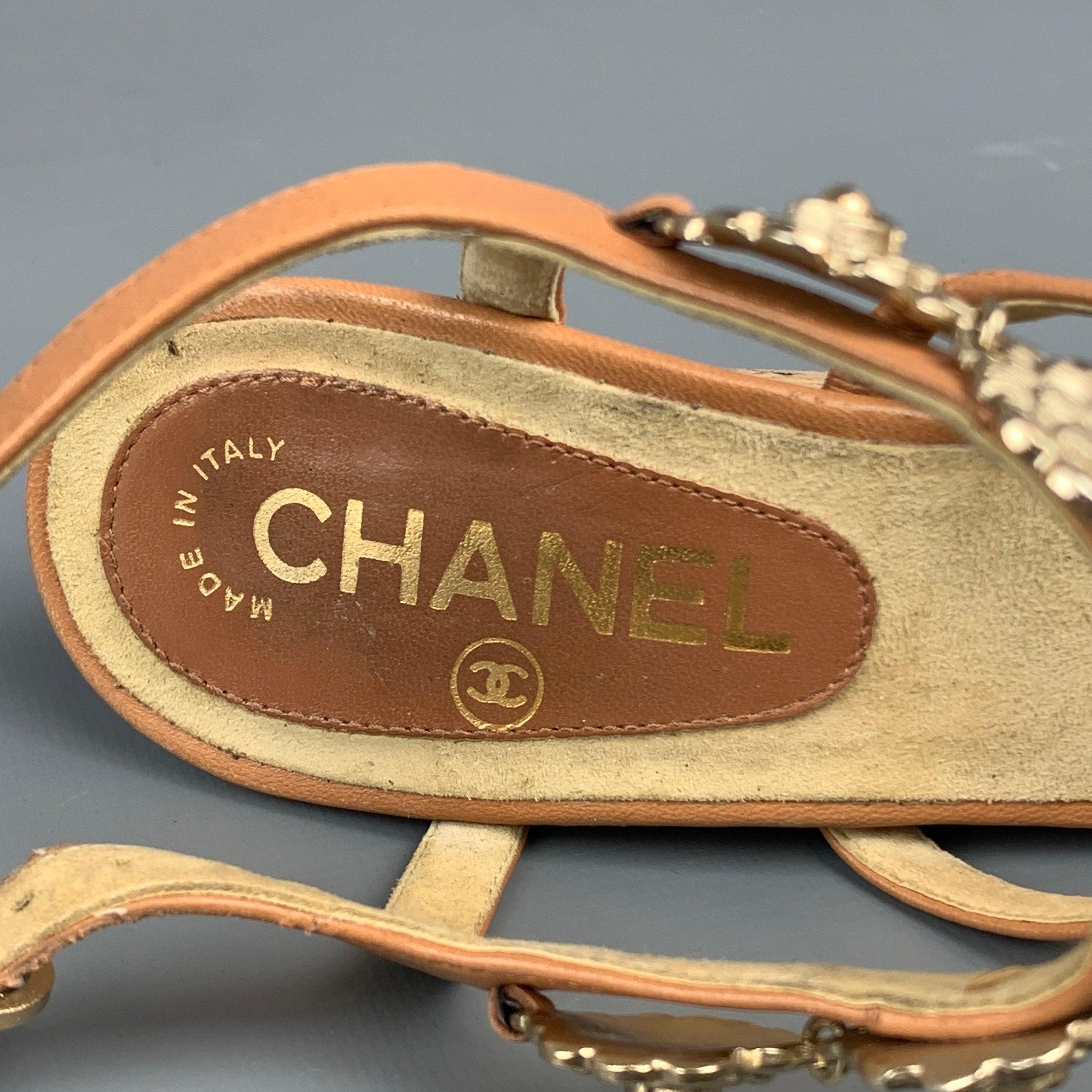 CHANEL Camelia Size 6.5 Tan & Gold Leather T-strap Cork Wedge Sandals For Sale 2