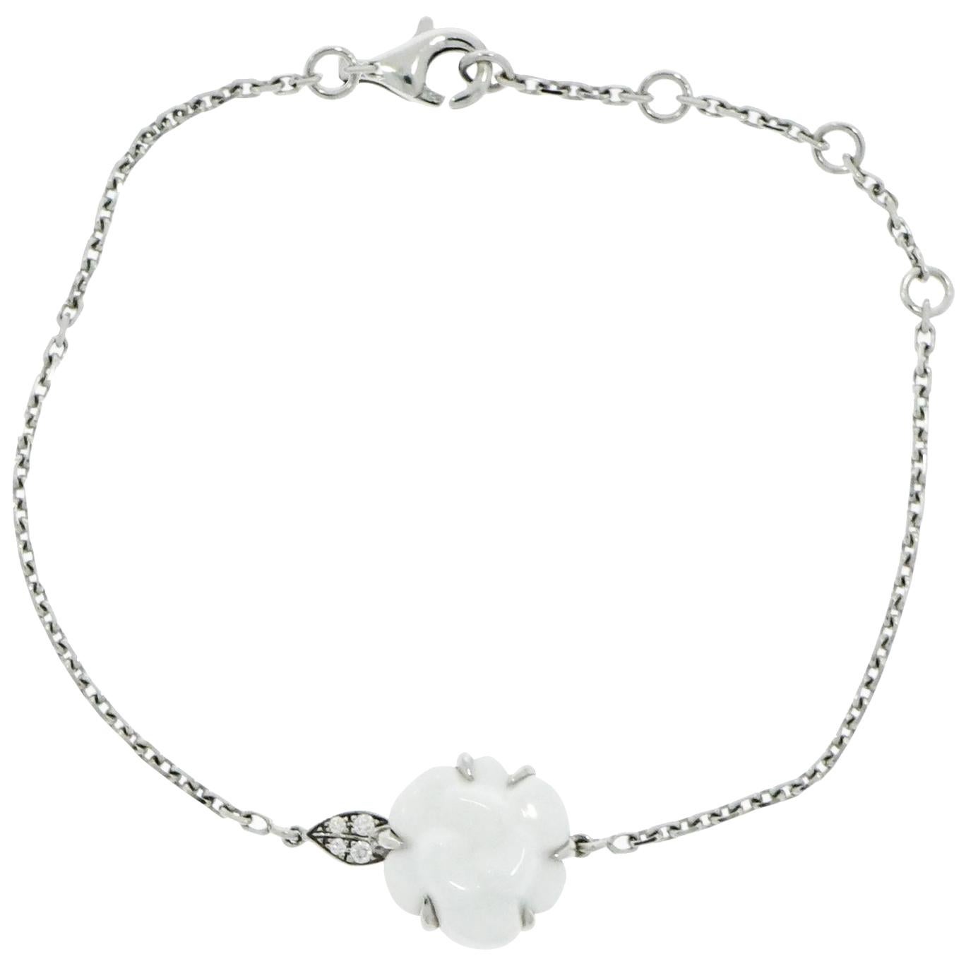 CHANEL 18K White Gold Diamond White Agate Camellia Bracelet 329461
