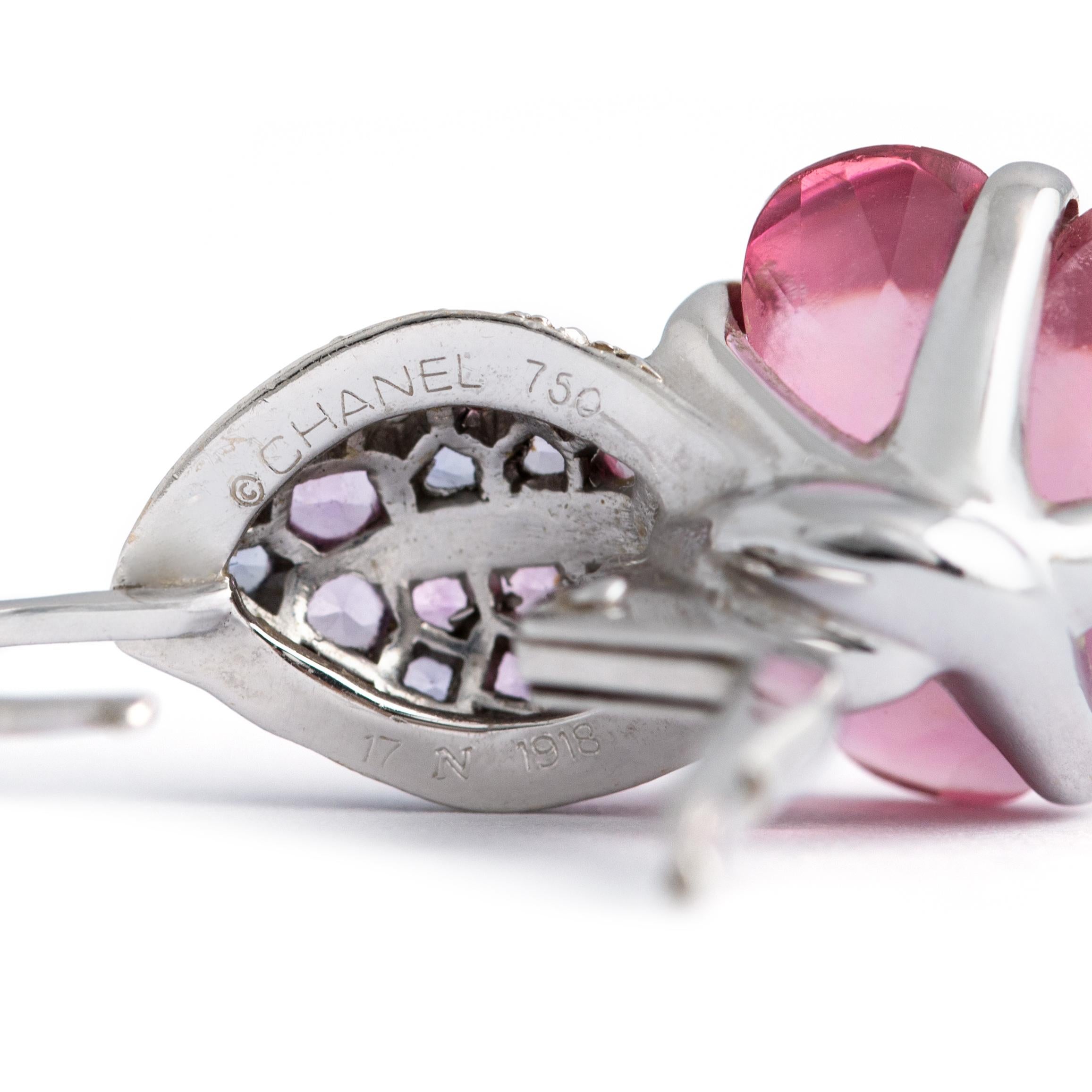 Round Cut Chanel Camelias Aquatiques Tourmalines Pink-Violet Sapphires Gold Earrings For Sale