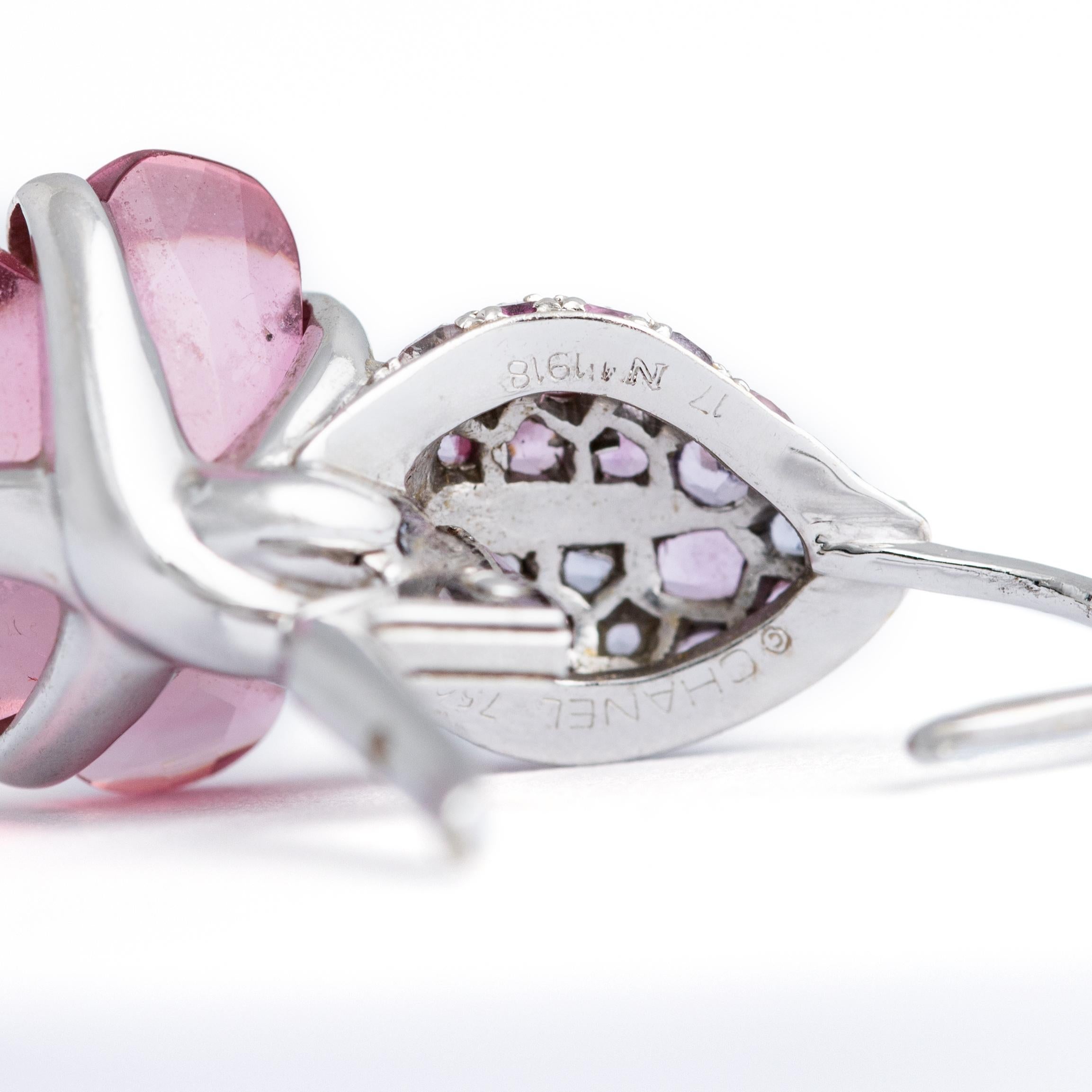 Women's or Men's Chanel Camelias Aquatiques Tourmalines Pink-Violet Sapphires Gold Earrings For Sale