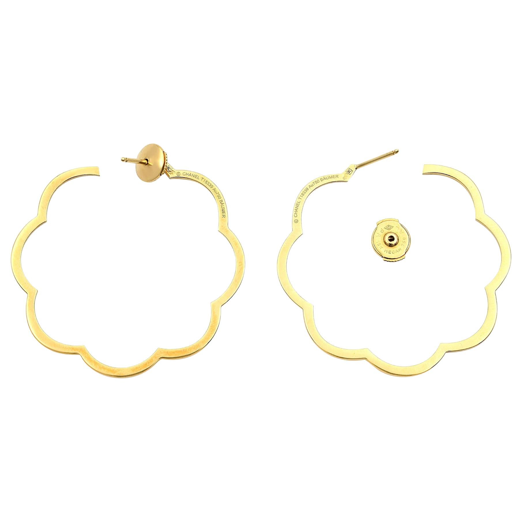 Chanel Camellia 18 Karat Yellow Gold Large Flower Hoop Earrings at 1stDibs
