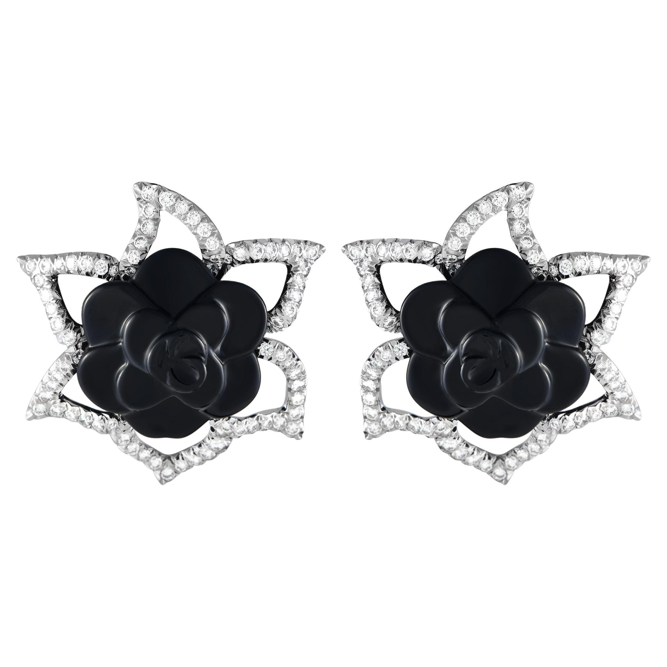Chanel Camellia 18K White Gold 3.65ct Diamond and Onyx Flower Earrings For Sale