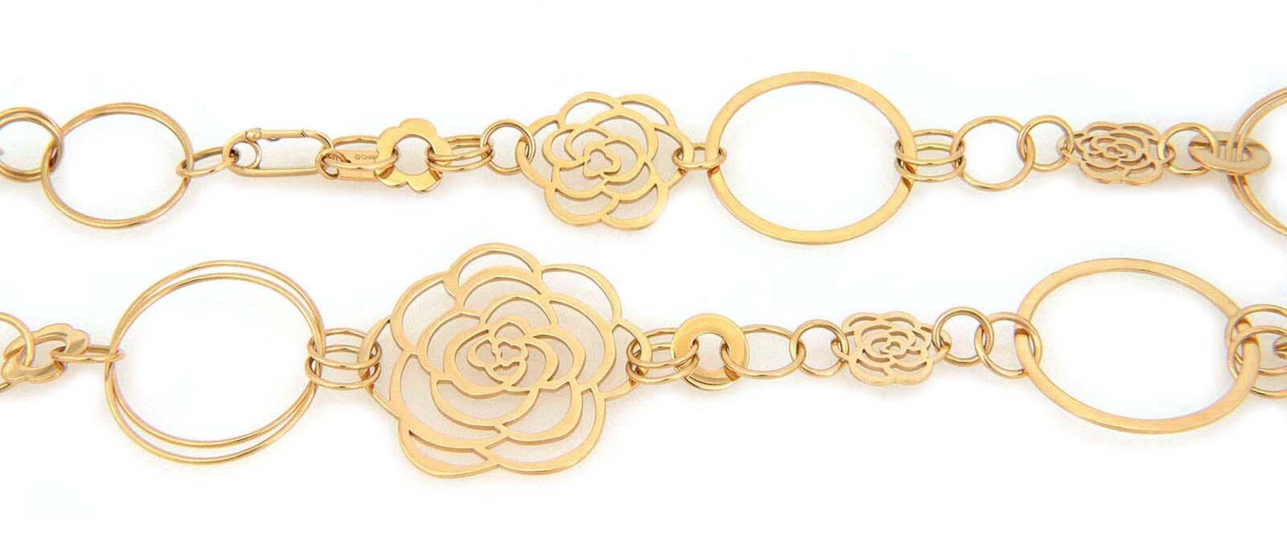 Chanel Camellia 18k Yellow Gold Flower & Hoop Motif Necklace & Bracelet Set For Sale 4