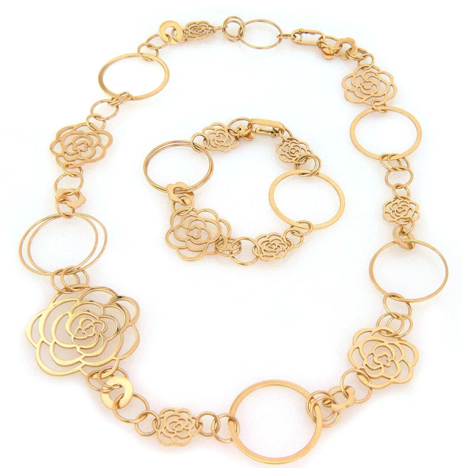 Chanel Camellia 18k Yellow Gold Flower & Hoop Motif Necklace & Bracelet Set For Sale 6