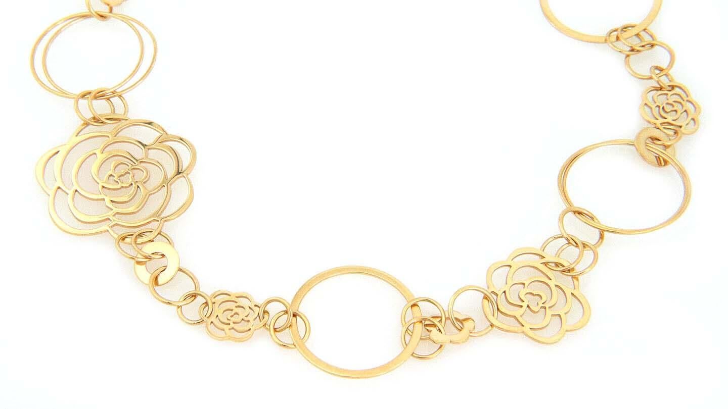 Modern Chanel Camellia 18k Yellow Gold Flower & Hoop Motif Necklace & Bracelet Set For Sale