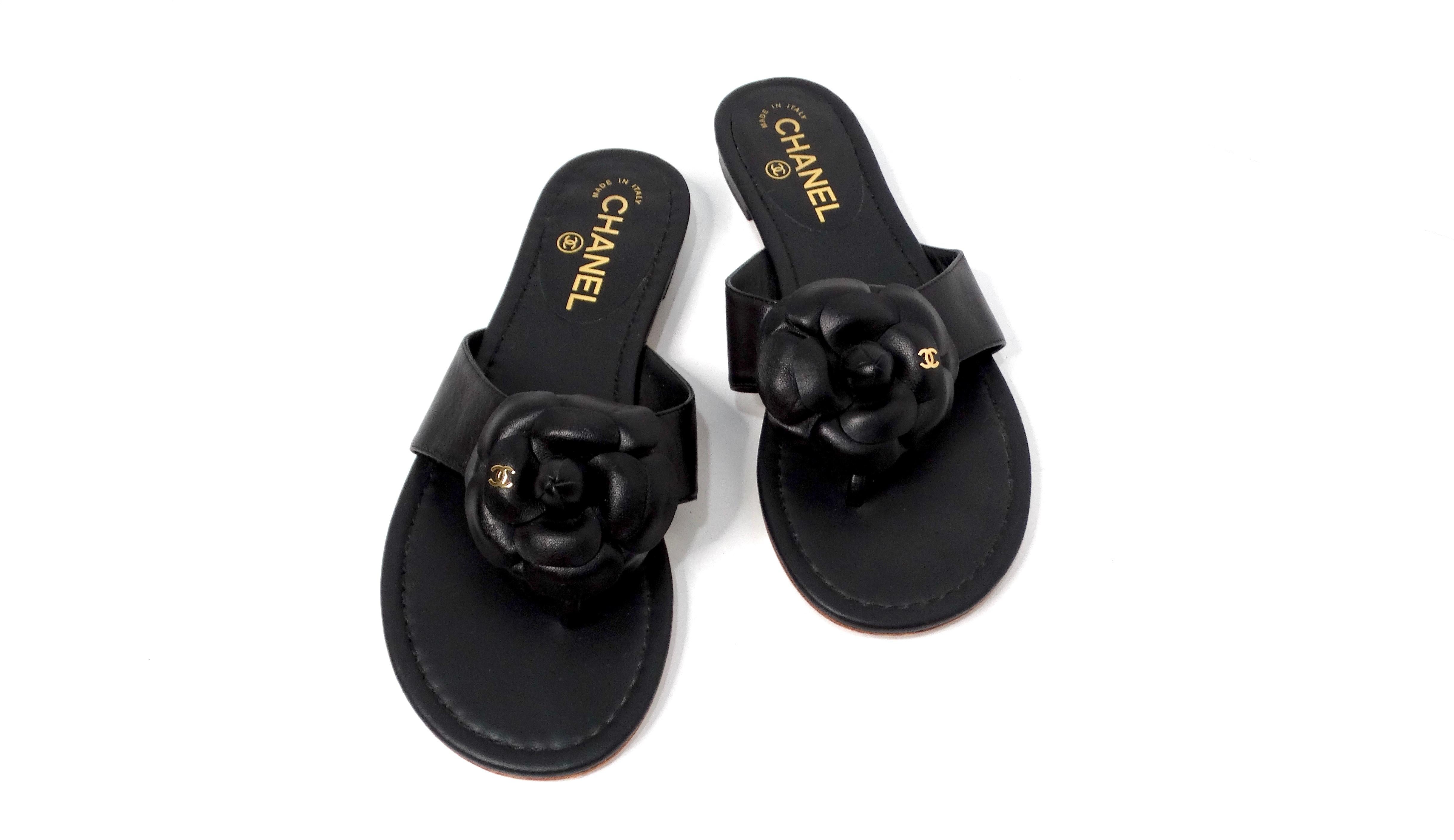Women's Chanel Camellia Black Lambskin Leather Sandals