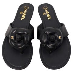 Chanel Camellia Black Lambskin Leather Sandals