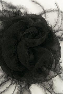 Chanel Camellia Black Silk Crepe and Feathers Brooch