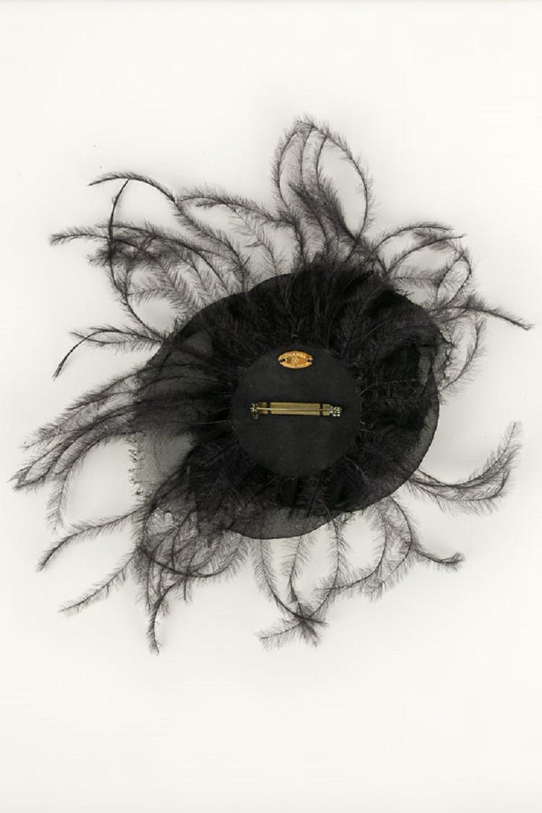 Women's or Men's Chanel Camellia Black Silk Crepe and Feathers Brooch