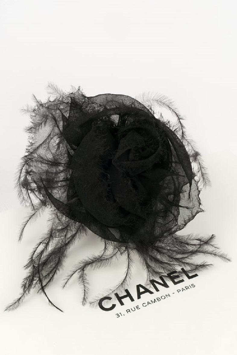 Chanel Camellia Black Silk Crepe and Feathers Brooch 2