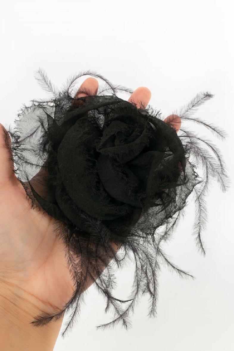 Chanel Camellia Black Silk Crepe and Feathers Brooch 3