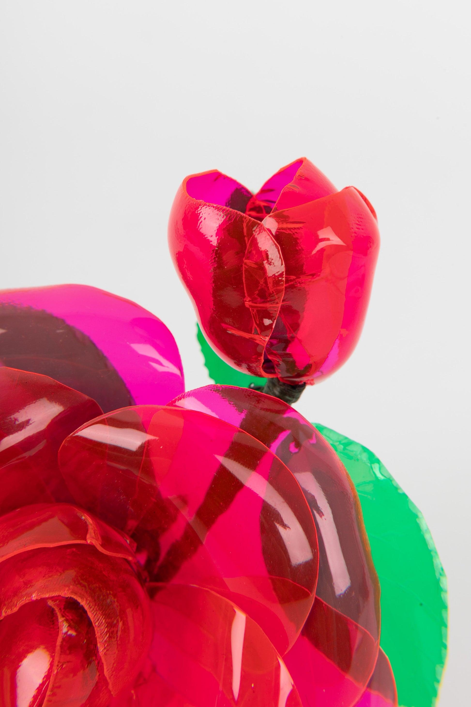 Chanel Camellia Brooch in Pink/ Red Transparent Plastic Material, 1992 In Excellent Condition In SAINT-OUEN-SUR-SEINE, FR