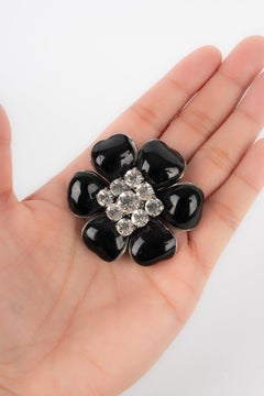 Chanel Camellia Brooch with Black Glass Paste and Rhinestones, 1995