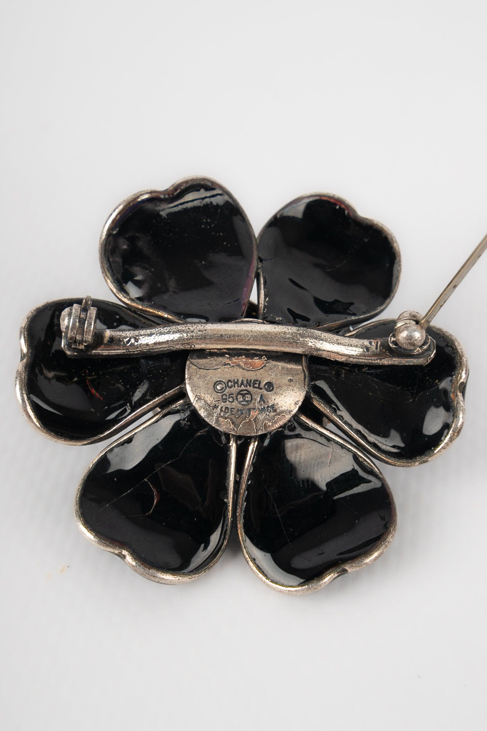 Chanel Camellia Brooch with Black Glass Paste and Rhinestones, 1995 For Sale 1